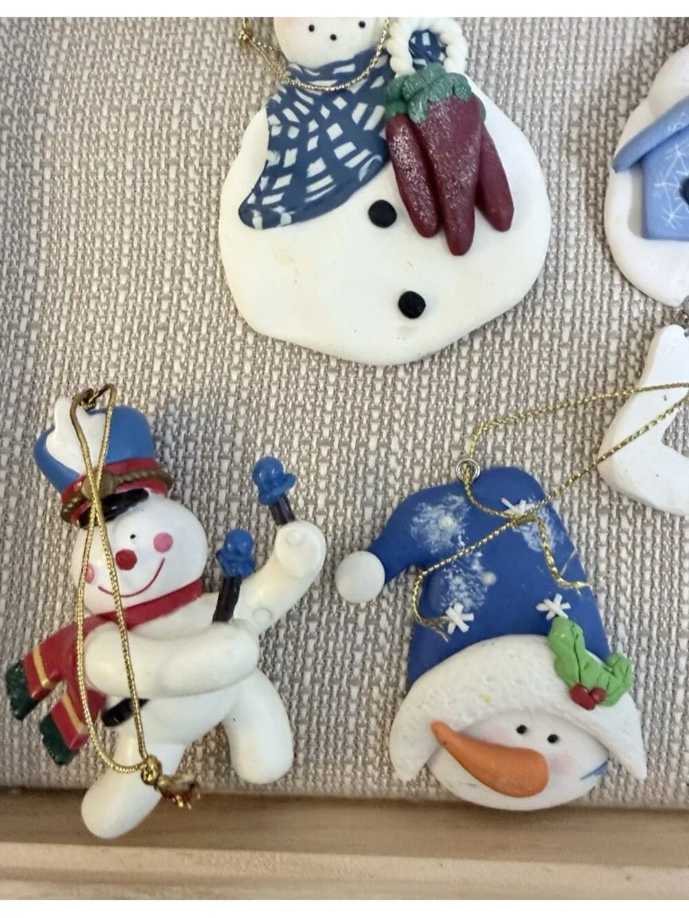 Lot of 8 Snowman Ornaments Resin Plaster Blue & White